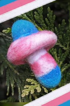 a pink and blue object hanging from a tree branch with pine needles in the foreground