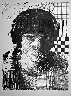 a black and white drawing of a man's face with different patterns on it