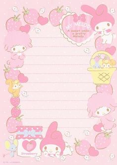 a pink stationery with hello kitty and strawberrys on it's border, in the shape of a frame