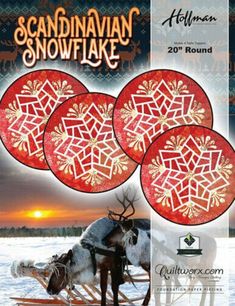 an advertisement for scandinavian snowflake with reindeer pulling sleigh in the snow