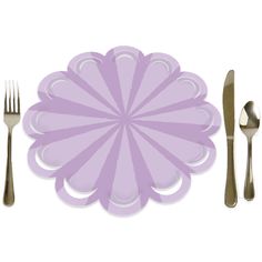 a purple paper plate with silverware on it