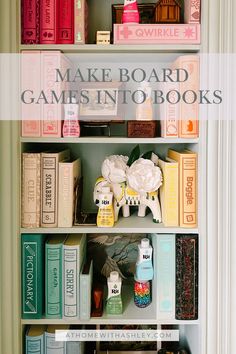 a book shelf filled with lots of books and figurines on top of it