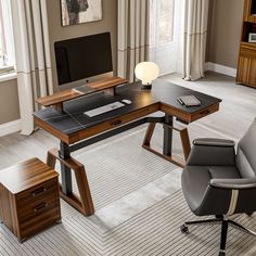 an office desk with a chair and computer on it in front of a large window