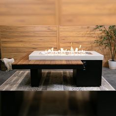 Uptown Iroko Linear Gas Fire Pit Table Modern Outdoor Firepit, Iroko Wood, Outdoor Fire Table, Natural Wood Table, Colors Of Fire, Wood Table Design, Gas Fire Table, Ipe Wood, Wicker Dining Set