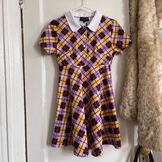 - Size Small, Material Has Stretch - Never Worn, New Without Tags Cute Fitted Plaid Mini Dress, Retro Fitted Dress For School, Retro Fitted School Dress, Retro Short Sleeve School Dresses, Cute Fitted Yellow Dress, Retro Yellow Mini Length Dress, Retro Yellow Cotton Dress, Yellow Retro Short Sleeve Dress, Retro Yellow Short Sleeve Dress