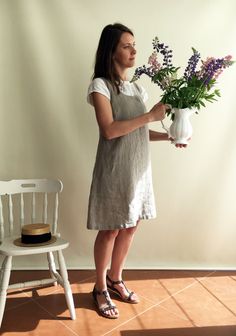 Linen Jumper Dress, Pinafore Dress, Linen Dress, Sleeveless Dress, Natural Dress, Summer Dress, Plus Size Sundress, Linen Dress Women Jumper by linenbees on Etsy Jumper Dress Patterns For Women, Linen Jumper Dress, Sleeveless Dress With Shirt Underneath, Dress With Shirt Underneath, Pinafore Outfit, Jumper Dress Pattern, Jumper Dress Outfit, Closet Upgrade, Linen Jumper