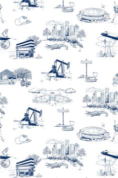 a blue and white wallpaper with lots of different types of buildings on it's sides