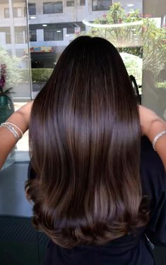 Balayage On Black Hair Straight, Chocolate Brown Balayage Straight Hair, Dark Brown Hair With Highlights Straight, Brown Balayage Straight Hair, Dark Brown Highlights On Black Hair, Brunette Hair Straight, Brunette Balayage Hair Straight, Black To Brown Balayage, Brown Shoulder Length Hair