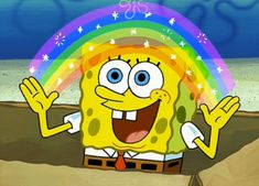 spongebob is standing in front of a rainbow