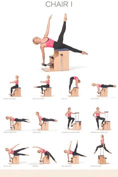 a woman doing yoga poses on top of a wooden box with the words chair 1 above her