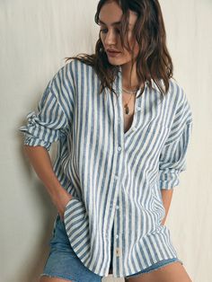 Laguna Linen Relaxed Shirt - Blue Lucy Stripe | Faherty Brand Relaxed Fit Shirt For Summer Daywear, Linen Tops With Button Closure For Vacation, Effortless Beach Shirt For Summer, Effortless Summer Beach Shirt, Unstructured Button-up Beach Shirt, Summer Effortless Relaxed Fit Shirt, Unstructured Summer Shirt For Daywear, Unstructured Summer Shirt, Effortless Relaxed Fit Summer Shirt