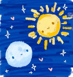 an illustration of the sun and moon with stars in the sky above them, on a blue background