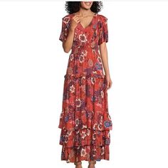 From Nurture By Westbound, This Dress Features: A-Line Silhouette V-Neckline Short Sleeves Pullover Construction Approx. 54.75" In Length Rayon Machine Wash/Tumble Dry Imported. Approx: Pit To Pit 17.5” Waist 13.5” ( Unstretched) It Stretches To About 16” Patterned V-neck Maxi Dress, Casual Floral Dress With Boho Print, Casual Boho Print Floral Dress, Bohemian Tiered Floral Dress For Beach, Bohemian Tiered Floral Dress, Bohemian Floral V-neck Dress For Brunch, V-neck Ditsy Floral Print Dress For Vacation, Casual V-neck Maxi Dress With Ditsy Floral Print, Patterned Floral Print V-neck Maxi Dress