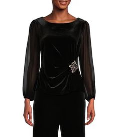 Alex Evenings Long Illusion Sleeve Scoop Neck Embellished Waist Stretch Velvet Blouse | Dillard's Padded Fitted Blouse For Evening, Formal Embellished Tops For Fall, Embellished Formal Top For Fall, Velvet Blouse, Evening Tops, Alex Evenings, Velvet Blouses, Stretch Velvet, Dressy Tops