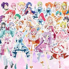 many anime characters are standing together in front of a pink background with hearts and stars