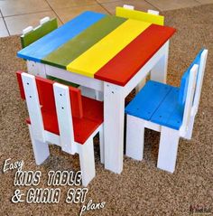 a table and chairs made out of wooden pallets with the words easy kids table and chair plans