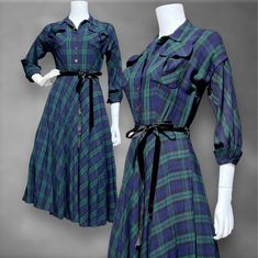 vintage 1950s day dress from Jonathon Logan. Very June Cleaver. Great plaid in a navy blue and kelly green.  Fabric is what feels like a rayon blend? Shirtdress with button front and side metal zipper. Patch pockets at the bust. Pleated skirt.  Hem is uneven. Buttons to the waist. Belt loops but no belt. We added a black velvet ribbon, included on request. Unlined. Excellent condition.  Washed and ready to go.   Measures: 36 bust 26 waist free hips 45 length . June Cleaver, Black Velvet Ribbon, Blue And Green Plaid, Vintage 1950s Dresses, Womens Vintage Dresses, 1950s Dress, 50s Fashion, Velvet Ribbon, Day Dress