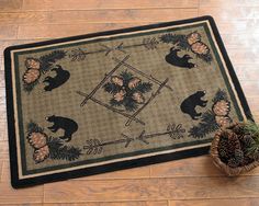 a bear rug on the floor with pine cones and an acorn tree in it