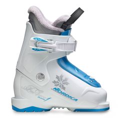 a pair of white and blue ski boots