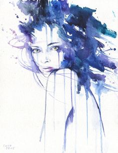 a watercolor painting of a woman's face and hair