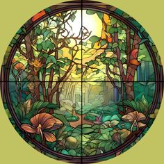 a circular stained glass window with trees and flowers