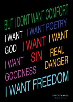 i want sin real danger i want freedom poster with words written in rainbow colors on black background