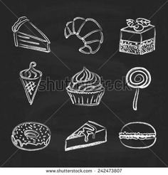 hand drawn desserts on blackboard stock photo - image 397984