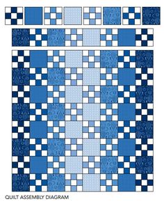 a blue and white quilt pattern with squares in the middle, on top of each other