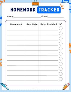 a homework tracker sheet with the words homework tracker and pencils on top of it