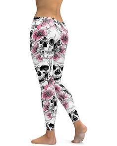 Our first light edition is the Pink Floral Skulls leggings. The subtle pink poppies combined with the detailed skulls gives us the perfect combination of "Sweet & Badass". They combine perfectly with a pink or black top. Finish it off with some stylish boots and you are ready to hit the streets! Casual Skull Print Leggings, 100 Squats, Skull Leggings, Pink Poppies, Floral Skull, Stylish Boots, Soft Leggings, Squat Proof, Wide Waistband