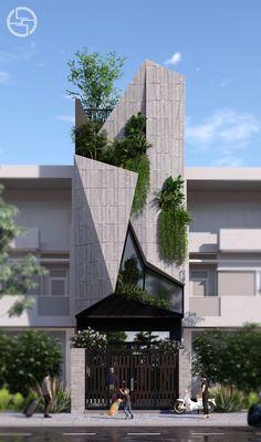 an architectural rendering of a building with plants growing on the side and people walking by