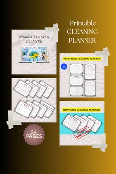 the printable cleaning planner is shown in three different colors and sizes, including one for each