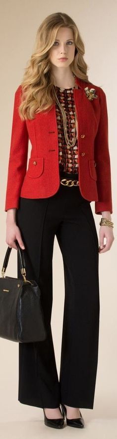 Pantalones Outfit Chic, Total Look, Office Fashion, Red Jacket