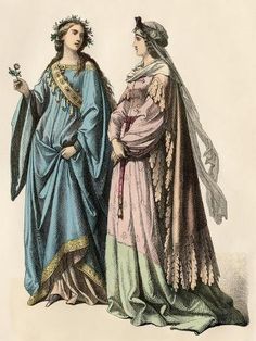 size: 12x9in Giclee Print: Noble Ladies around 1400 - Noble Ladies of the 1400S Antique Hand-Colored Print : Byzantine Dress 12th Century, 1400s Fashion Women, Ancient Norse Clothing, 1400 Fashion, 14th Century Fashion, 1400s Fashion, Medieval Fairytale, Norse Clothing, Medieval Aesthetics