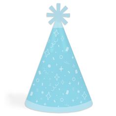 a blue party hat with stars and shapes on it