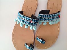 BEFORE ORDER MESSAGE ME BECAUSE WE ARE ON HOLIDAY MOODBoho Sandals, Ethnic Sandals, Hippie Sandals, Greek Sandals, Pom Pom Sandals, Party Look Amazing handmade boho leather sandals Vivid summer colors are a mood booster! Blue is a summer color that make you dream on holidays and sea! It's the ideal pair of shoes when you can not carry many things with you because really matches any outfit and style! It's the perfect bohemian addition to your wardrobe! These light blue sandals are very easy to we Leather Tassel Sandals For Beach, Blue Bohemian Sandals For Spring, Bohemian Toe Loop Sandals For Spring, Bohemian Round Toe Sandals For Beach Season, Traditional Closed Toe Barefoot Sandals For Vacation, Bohemian Closed Toe Sandals For Vacation, Summer Festival Flip Flops With Single Toe Strap, Bohemian Blue Closed Toe Sandals, Bohemian Blue Sandals For Summer