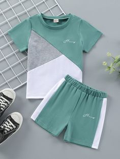 Young Boy Casual 2pcs Set, Color Block Patchwork Comfortable Outfit For Summer, Outdoor Activities, Back To School Season Multicolor Casual  Short Sleeve Fabric Colorblock,Letter  Slight Stretch Summer Young Boys Clothing, size features are:Bust: ,Length: ,Sleeve Length: Boys Clothes Patterns, Summer Wear Men, Mens Tracksuit Set, Stylish Kids Fashion, Boys Tracksuits, Shein Kids, Trendy Kids Outfits, Polo Shirt Design, African Clothing For Men