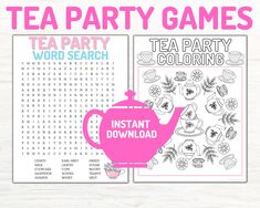 tea party games and word search are on display with the words, instant printable