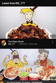 two pictures with different cartoon characters on them, one is eating food and the other is watching