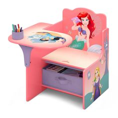 "Buy the Delta Children Disney® Princess Chair Desk with Storage Bin at Michaels. com. This smart and sturdy chair with colorful graphics of Ariel, Jasmine, Belle, Moana and Rapunzel also features a built-in cup holder to hold markers, plus a fabric storage bin underneath for additional art supplies or toys. This Disney Princess Chair Desk with Storage Bin by Delta Children offers kids the perfect spot for snack time, crafts, playtime or homework. This smart and sturdy chair with colorful graphi Moana And Rapunzel, Princess Chair, Famous Princesses, Disney Princess Characters, Chair Desk, Desk With Storage, Colorful Graphics, Royal Castles, Fabric Storage Bins