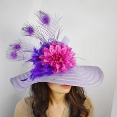 Purple Peacock Feather Flower Wide Brim Royal Kentucky Derby Hat Race Hat Item Details: -Brand New -Handmade -Hat Has Approximately 22” Interior Crown Circumference -The Brim Is Approximately 5 3/4 Inches -Natural Feathers -Occasion: Kentucky Derby Hat, Race, Baby Shower, Tea Party, Wedding, Derby Theme Party,... -This Item Is Handmade, No Two Pieces Are Exactly The Same (Details Like Feathers And ...). The Item That You Receive May Look Very Slightly Different From The One Illustrated. Purple Mini Hats With Feathers For Kentucky Derby, Purple Feathered Mini Hats For Kentucky Derby, Purple Feathered Hat For Kentucky Derby, Purple Feathered Mini Hat For Summer, Purple Feathered Hats For Summer, Summer Purple Feathered Fascinator, Purple Mini Hat With Curved Brim For Beach, Purple Curved Brim Mini Hat For Beach, Adjustable Purple Hat With Feathers