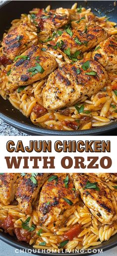 chicken with orzo in a skillet and the words cajunn chicken with orzo