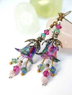 Peony Pink And Green Shimmer Flower Earrings ~ Woodland Pixie Flowers ~ Handmade Dangle Flower Earrings, Boho, Hippie, Bohemian, Art-Nouveau Vintage Style Floral Earrings, Gift For Her. ~ Woodland Flowers ~ ♡ A beautiful pair of vintage Art-Nouveau Bohemian inspired Lucite floral earrings, made with Swarovski Crystal beads in Bright Rose Pink and Leaf Green, accented by Pale Pink Czech glass beads. The Lucite Bell flowers are painted in hues of Peony Pinks and Emerald Green with a slight golden Whimsical Multicolor Flower Charm Earrings, Artistic Pink Flower Jewelry, Adjustable Multicolor Whimsical Flower Earrings, Artistic Multicolor Flower Earrings, Whimsical Dangle Flower Earrings, Whimsical Multicolor Dangle Flower Earrings, Pixie Flower, Pink Flower Earrings, Bell Flowers