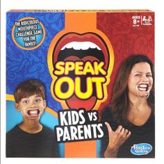 the box for speak out kids's vs parents game is open and showing two people with their mouths wide open