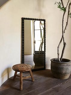 a mirror sitting on top of a wooden table next to a potted plant in a vase