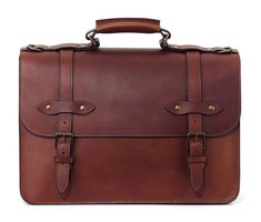 Esq. Briefcase by Jackson Wayne made of full grain semi-vegetable tanned leather front view in vintage brown color - a classic vintage design lawyer's briefcase Travel Satchel Briefcase With Brass Hardware, Classic Laptop Bag With Leather Handles For Business Trips, Business Bags With Brass Hardware In Cognac, Classic Business Saddle Bag In Smooth Leather, Cognac Business Bag With Brass Hardware, Classic Satchel Saddle Bag With Smooth Grain, Classic Top Handle Satchel With Luggage Sleeve, Brown Satchel With Brass Hardware For Office, Classic Saddle Bag Satchel With Smooth Grain