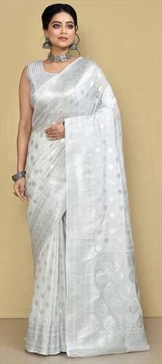 White and Off White color Saree in Georgette fabric with Weaving, Zari work White Zari Weaving Dupatta For Wedding, White Saree With Zari Weaving For Reception, Silver Traditional Wear With Chikankari Embroidery For Weddings, White Traditional Wear With Zari Work For Marriage, White Self Design Dupatta For Wedding, Off White Traditional Wear With Self Design For Wedding, Off White Traditional Wedding Wear With Self Design, White Traditional Wear With Pallu For Formal Occasions, Fitted White Saree With Self Design