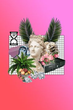 a collage of photos with flowers, plants and an image of a man's head