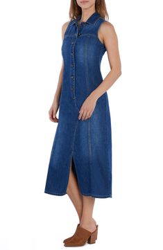 Down-home denim with a touch of linen means all-day comfort in this shirtdress finished with a Western-style yoke. 51" length Front button closure Spread collar Sleeveless Front vent Unlined 82% cotton, 18% linen Machine wash, tumble dry Imported Summer Indigo Denim Dress With Buttons, Summer Denim Dress For Daywear With Button Closure, Summer Denim Dress With Button Closure For Daywear, Daywear Denim Dress With Button Closure, Denim Dress With Button Closure For Daywear, Fitted Denim Dress With Button Closure For Daywear, Summer Button-up Denim Dress With Snap Buttons, Button-up Denim Dress With Snap Buttons For Summer, Denim Blue Denim Dress With Buttons For Daywear