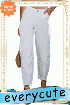 White Solid High Waist Casual Pants Non-stretch Ankle-length Jeans For Summer, Casual Ankle-length Summer Jeans, Casual Ankle-length Jeans For Summer, Casual White Pants For Day Out, Ankle-length Non-stretch Jeans For Summer, Summer Ankle-length Jeans With Elastic Waistband, Spring High-waisted Solid Color Pants, Trendy Ankle-length Jeans For Summer, Trendy Ankle-length Summer Jeans